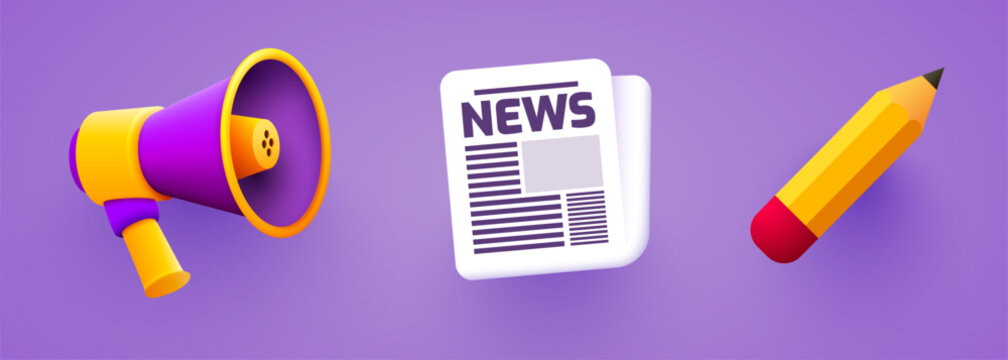 Set of media icons objects. Megaphone, newspaper and pancil.