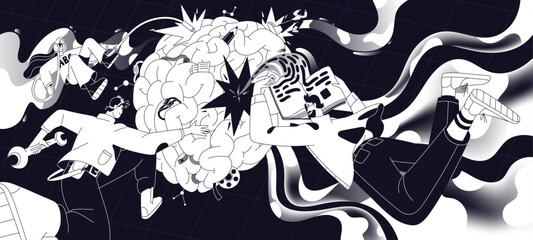 Brain development concept. People team work for rise intelligence, self education and knowledge. Overload of data in mind, person memorizes information from different areas. Flat vector illustration