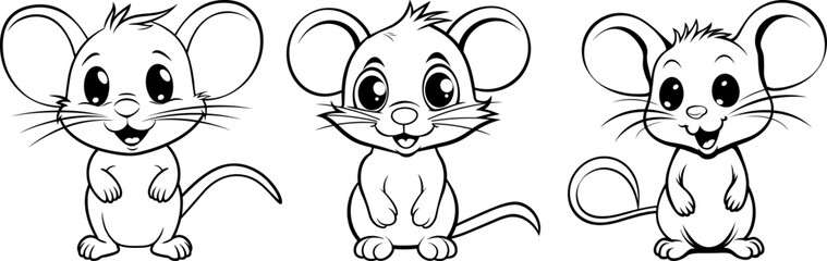 Fototapeta na wymiar Funny cartoon mouse set black outline