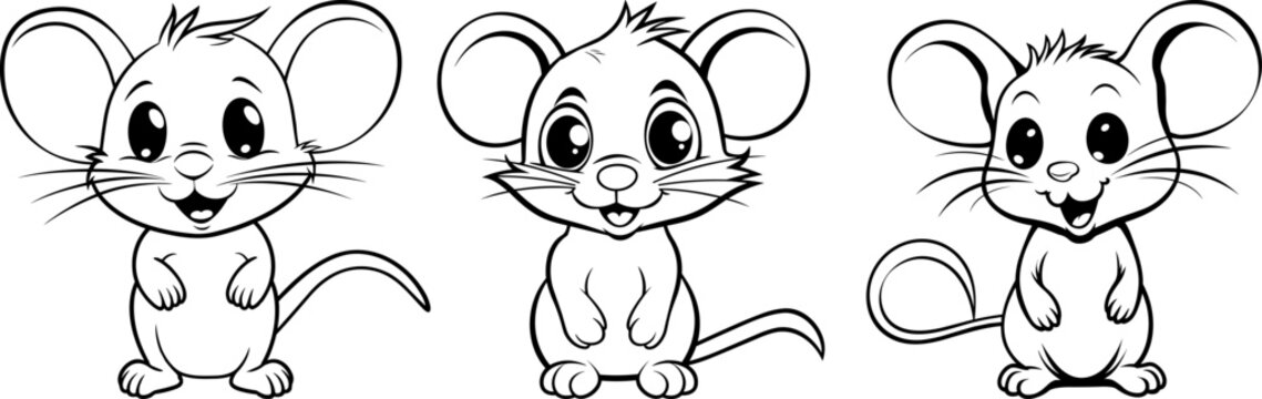 Funny cartoon mouse set black outline