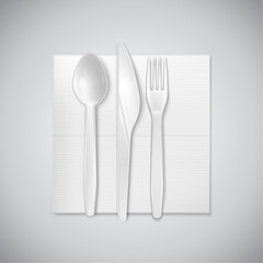 Empty Plate With Spoon, Knife And Fork On A White and Grey Background. Mesh.