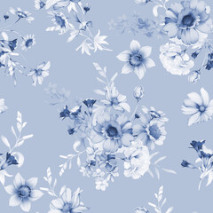 Seamless pattern with wild flowers in indigo tones - 635390809