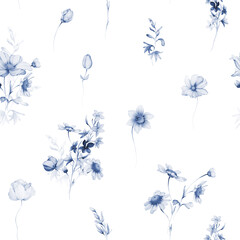 Seamless pattern with wild flowers in indigo tones