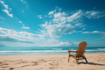 Fototapeta na wymiar Concept of beach vacation with a chair and blue sky, Generative Ai