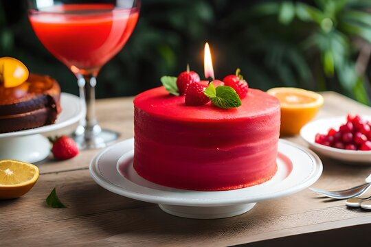 pink strawbarry cake with candels and bokha effect