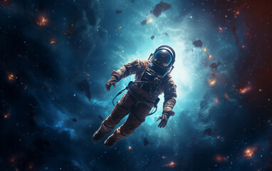 Fototapeta na wymiar An astronaut swimming through a nebula in space + space, astronaut, dreamlike, symbolism