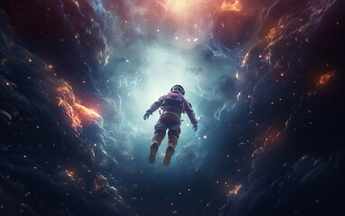 Obraz na płótnie Canvas An astronaut swimming through a nebula in space + space, astronaut, dreamlike, symbolism