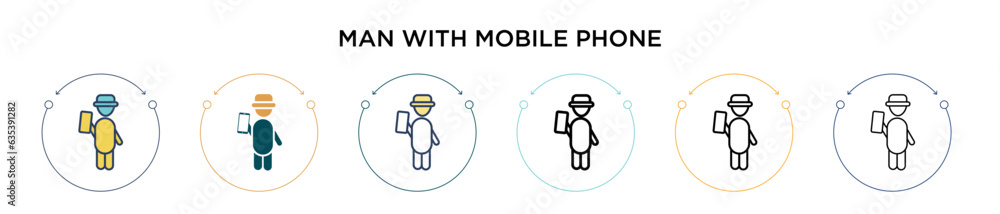 Poster man with mobile phone icon in filled, thin line, outline and stroke style. vector illustration of tw