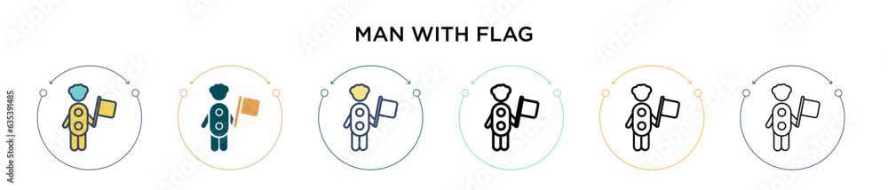 Poster man with flag icon in filled, thin line, outline and stroke style. vector illustration of two colore