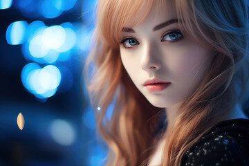 Naklejka premium Gorgeous portrait of a young model, pretty and glamourous, captivating eyes, dark midnight blue bokeh blur, light streaks, futuristic cyberpunk city - generative AI
