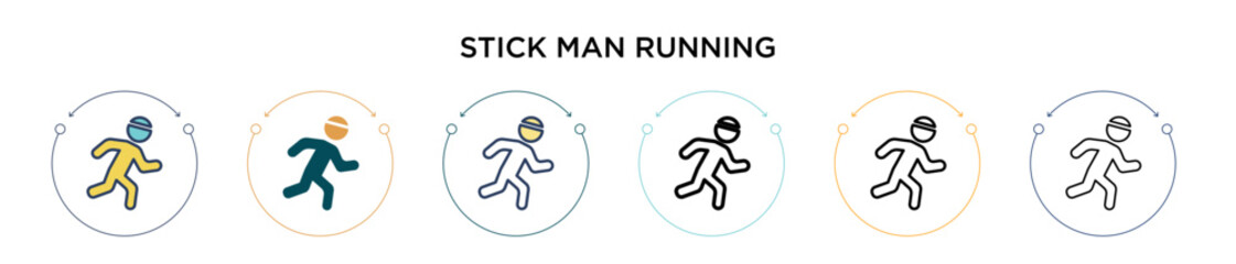 Stick man running icon in filled, thin line, outline and stroke style. Vector illustration of two colored and black stick man running vector icons designs can be used for mobile, ui, web