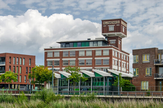 Enschede, The Netherlands, August 9, 2023: water tower and other buildings along the central axis in Roombeek neighbourhood