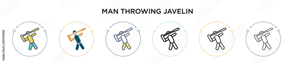 Poster man throwing javelin icon in filled, thin line, outline and stroke style. vector illustration of two