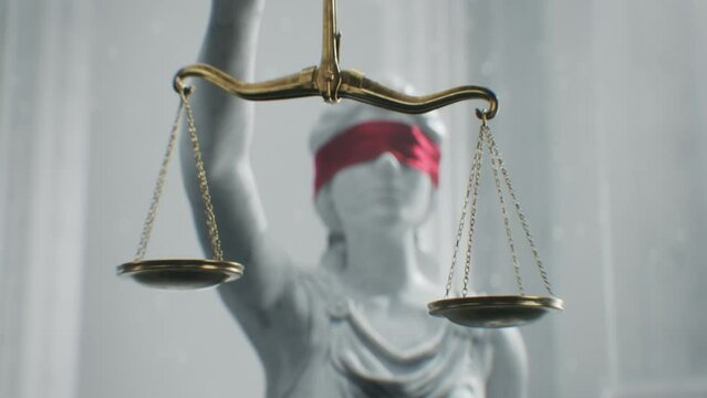 Cinematic and Atmospheric Close-up Shot of Bronze Scales that Lady Justice is Holding.
A Title Sequence for Court Show Mock-up. Marble Ancient Statue.