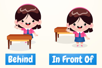 Cute Girl Cartoon Example Of Opposite Word Antonym  In Front Of And Behind