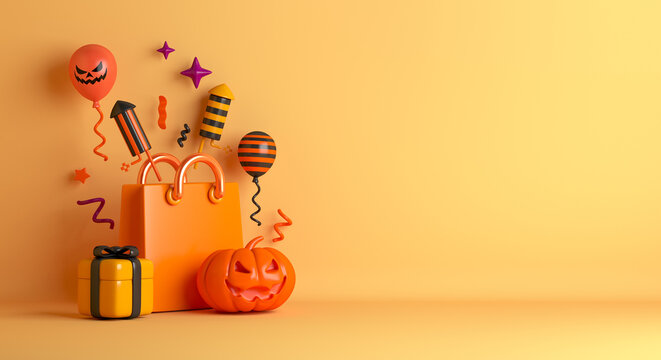Halloween sale decoration background with shopping bag, pumpkin jack o lantern, gift box, balloon, copy space text, 3D rendering illustration