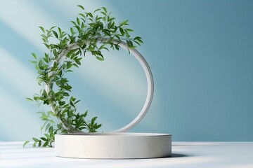 white podium with green leaves on blue wall background