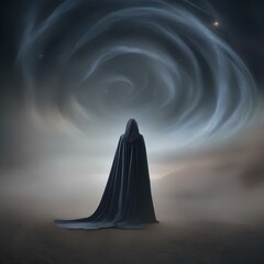 A portrait of a person with a cloak made of swirling mist and starlight, capturing an otherworldly aura3