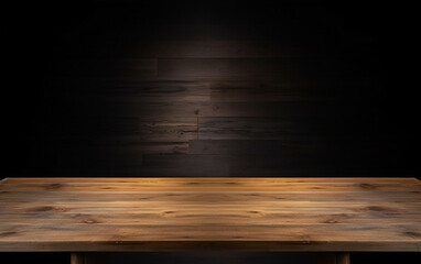 Naklejka na ściany i meble An empty wooden table for presentation with a dark background and isolated recessed lighting