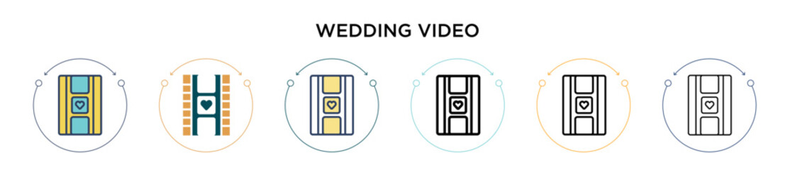 Wedding video icon in filled, thin line, outline and stroke style. Vector illustration of two colored and black wedding video vector icons designs can be used for mobile, ui, web