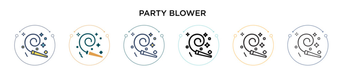 Party blower icon in filled, thin line, outline and stroke style. Vector illustration of two colored and black party blower vector icons designs can be used for mobile, ui, web