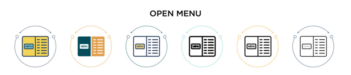 Open menu icon in filled, thin line, outline and stroke style. Vector illustration of two colored and black open menu vector icons designs can be used for mobile, ui, web