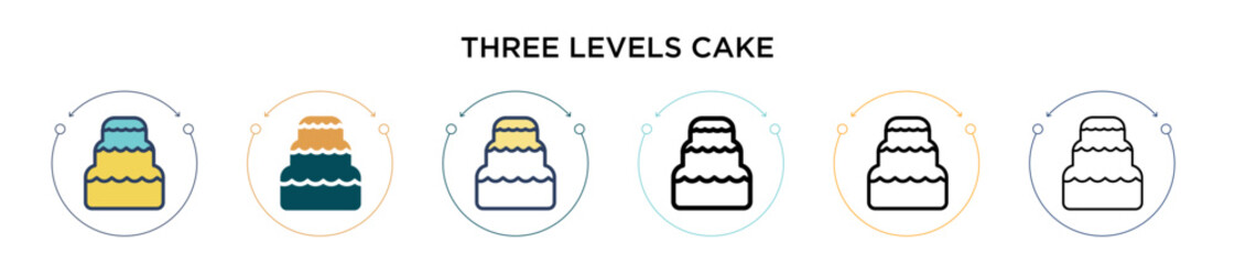 Three levels cake icon in filled, thin line, outline and stroke style. Vector illustration of two colored and black three levels cake vector icons designs can be used for mobile, ui, web