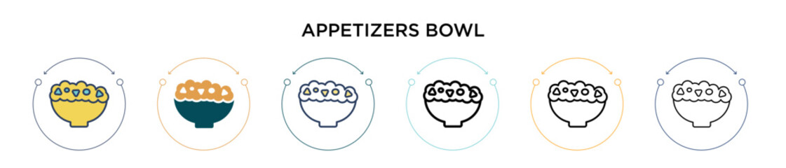 Appetizers bowl icon in filled, thin line, outline and stroke style. Vector illustration of two colored and black appetizers bowl vector icons designs can be used for mobile, ui, web