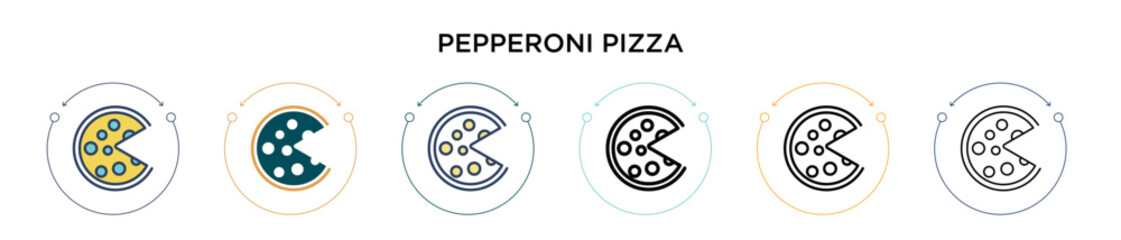 Pepperoni pizza icon in filled, thin line, outline and stroke style. Vector illustration of two colored and black pepperoni pizza vector icons designs can be used for mobile, ui, web