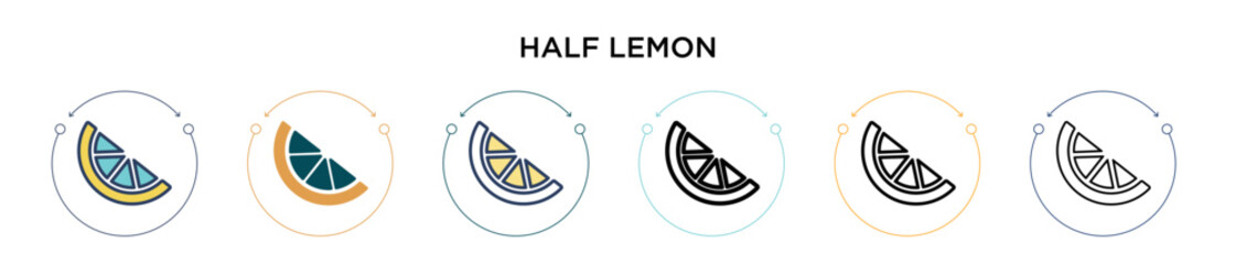 Half lemon icon in filled, thin line, outline and stroke style. Vector illustration of two colored and black half lemon vector icons designs can be used for mobile, ui, web