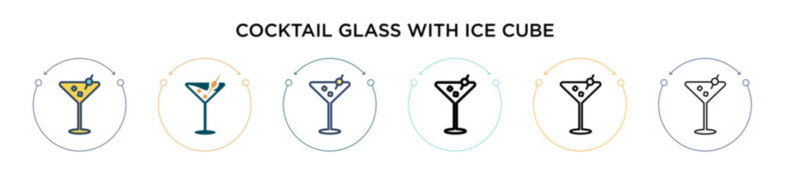 Cocktail glass with ice cube icon in filled, thin line, outline and stroke style. Vector illustration of two colored and black cocktail glass with ice cube vector icons designs can be used for mobile,
