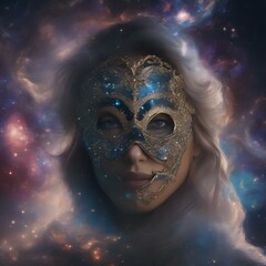 A portrait of a person with a mask made of swirling galaxies, hinting at their cosmic perspective1