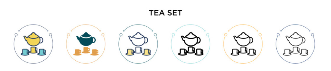 Tea set icon in filled, thin line, outline and stroke style. Vector illustration of two colored and black tea set vector icons designs can be used for mobile, ui, web