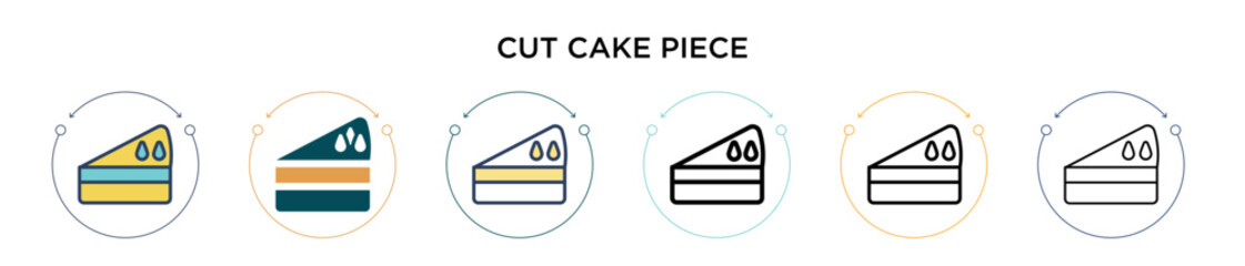 Cut cake piece icon in filled, thin line, outline and stroke style. Vector illustration of two colored and black cut cake piece vector icons designs can be used for mobile, ui, web