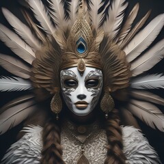 A portrait of a person with a mask made of intricate patterns and feathers, hinting at their intricate personality2