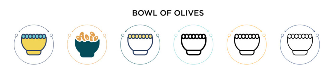 Bowl of olives icon in filled, thin line, outline and stroke style. Vector illustration of two colored and black bowl of olives vector icons designs can be used for mobile, ui, web