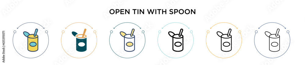 Poster open tin with spoon icon in filled, thin line, outline and stroke style. vector illustration of two 