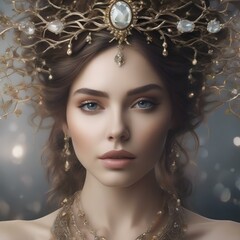A portrait of a person with a crown of intertwined branches and gems, symbolizing their connection to the natural world2