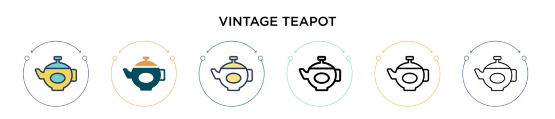 Vintage teapot icon in filled, thin line, outline and stroke style. Vector illustration of two colored and black vintage teapot vector icons designs can be used for mobile, ui, web