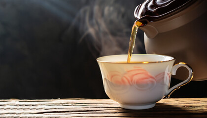 Pour the hot tea into the teacup. A teacup placed on an old wooden table In a black background,...