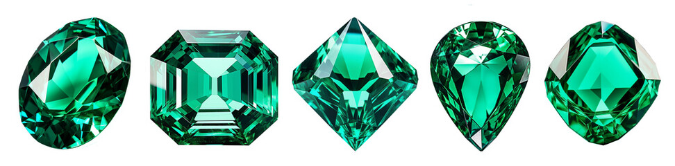 set of isolated illustrations green emerald gem crystals. Created with Generative AI - obrazy, fototapety, plakaty