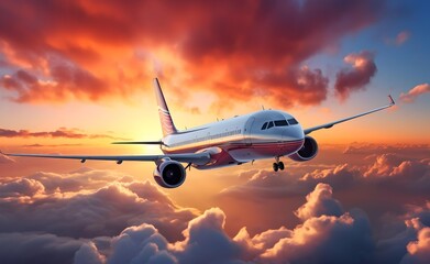 Airplane is flying above the clouds at sunset or sunrise or sunset in the sky