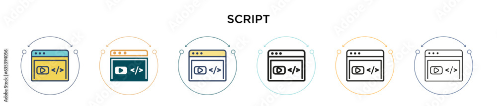 Poster script icon in filled, thin line, outline and stroke style. vector illustration of two colored and b