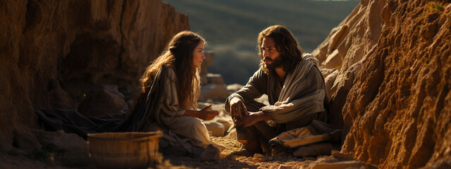 Jesus Christ and the Samaritan woman. Conversation at the well. Christian Banner