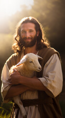 Jesus Christ is a good shepherd. Jesus is holding a lamb in his arms. Religious Christian Illustration for Publications