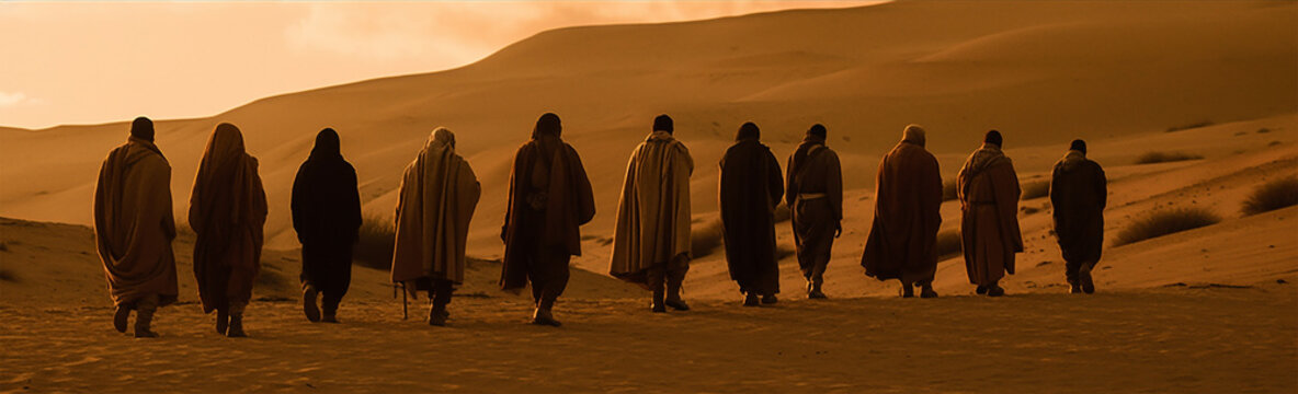 The apostles are going to preach in the Judean desert. Men walk across a sandy landscape