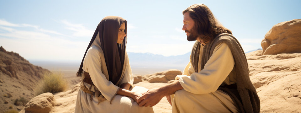 Jesus Christ is talking to a woman. Preaching repentance. Christian religious banner for publications, magazines, prints