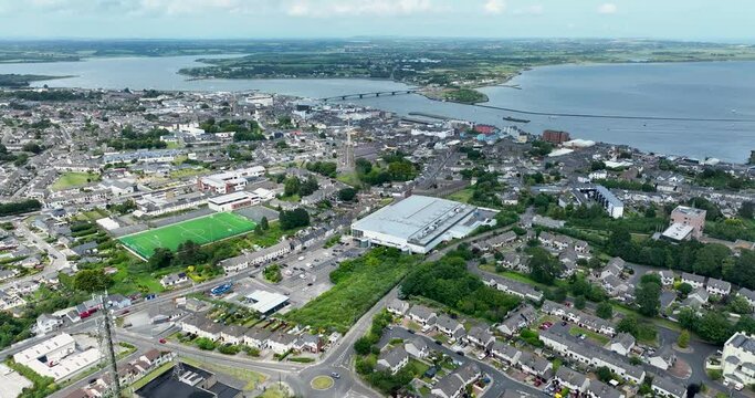 Panoramic bird's eye view of the city of Wexford, Ireland 4k