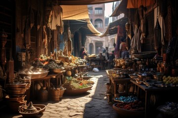 Traditional street stalls at the bazaar. East style. Vegetables, fruits, spices. - obrazy, fototapety, plakaty