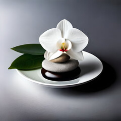 floral home decor with white orchid, stones on ceramic plate , creative design concept for wellness at home